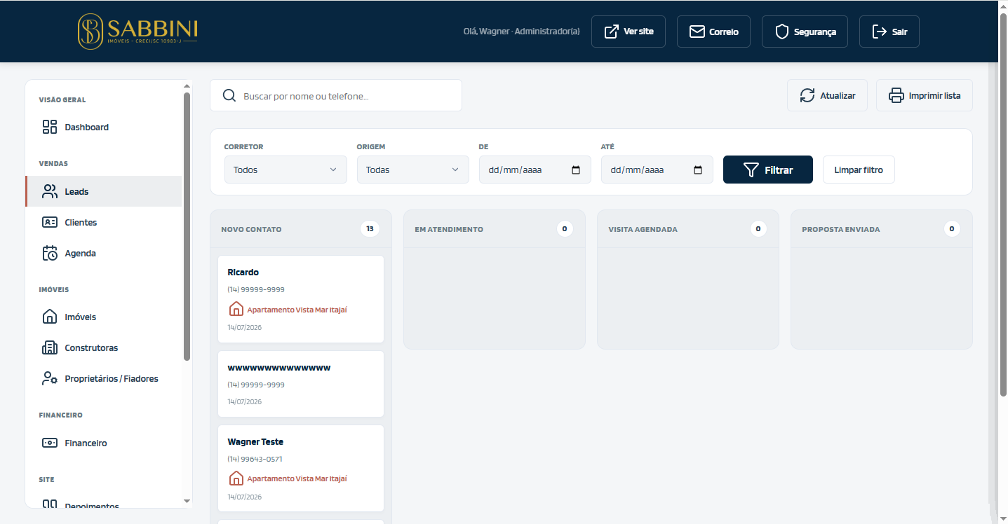 Quadro Kanban de Leads com as 6 etapas do funil