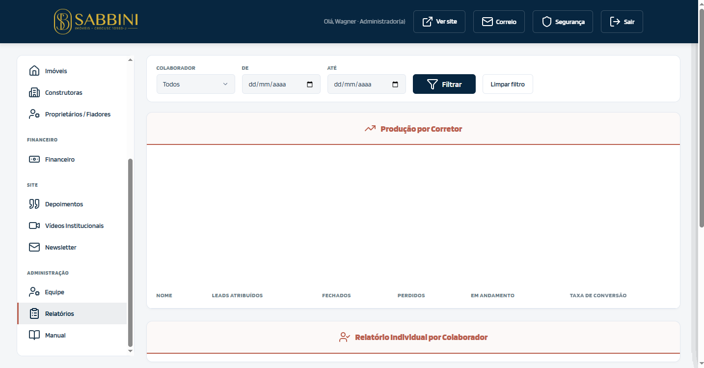 Aba de Relatórios com gráfico de produção por corretor